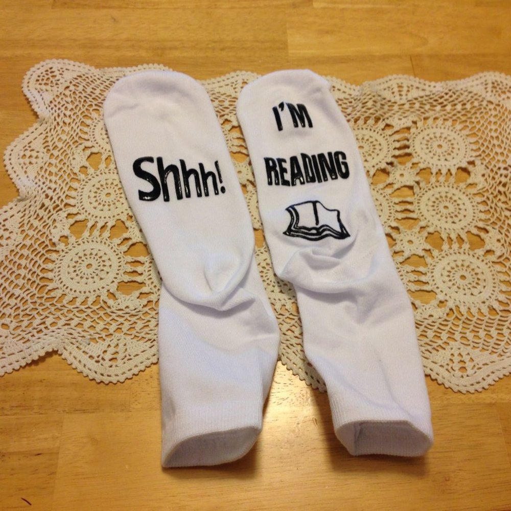 Gag gift, stocking stuffer - Funny new socks, shhh, I'm reading!